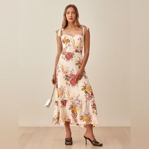 Reformation Cream Floral Midi Dress with Pink & Yellow Roses